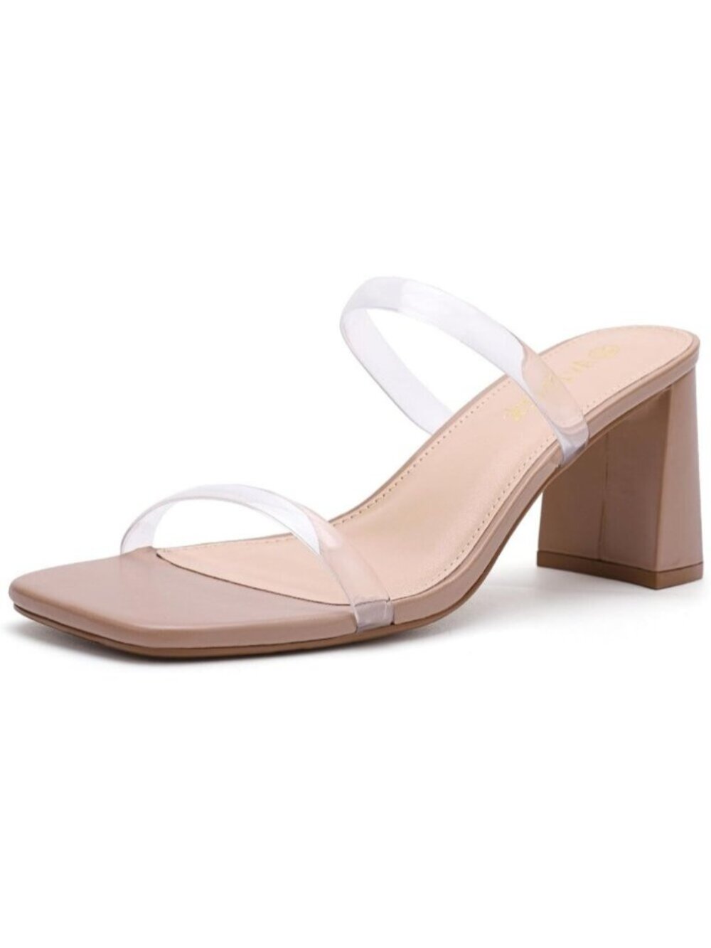 🆕Women's Clear Leather Square Open Toe Two Strap Block Chunky Heeled Sandals